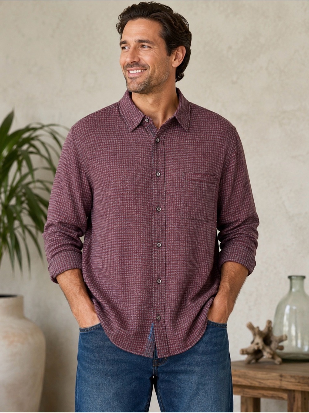 Tommy Bahama Relax Lux Check Button-Up Shirt XL Tall Burgundy Gray Stretch Long